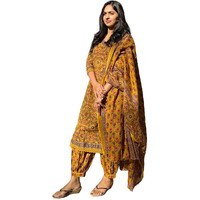 KLOSIA Women Printed Kurta and Pant Set with Dupatta (XX-Large) Mustard Yellow