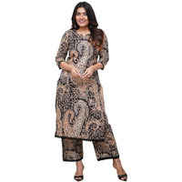 Nermosa Women Viscose Printed Straight Kurta Pant Set (in, Alpha, 2XL, Black)