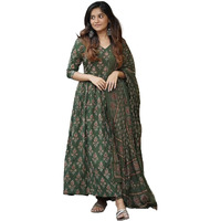 Nermosa Women Printed Flared A-Line Kurta with Pant and Dupatta Suit Set | Kurta Set (IN, Alpha, XL, Green)