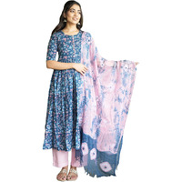 GoSriKi Women's Cotton Blend Anarkali Printed Kurta with Pant & Dupatta (NINA KEROCIN-GS_S_Blue_Small)