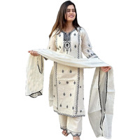 GoSriKi Women's Rayon Blend Straight Embroidered Kurta with Pant & Dupatta (DEVANAGRI White-GS_XXL_White_XX-Large)