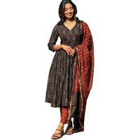 KLOSIA Women Printed V-Neck A-Line Kurta and Pant Set with Dupatta (in, Alpha, S, Black)