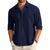 CB-COLEBROOK Men's Casual Button Down Shirts Long Sleeve Linen Shirt Fashion Textured Beach Summer Shirt (in, Alpha, L, Regular, Navy Blue)