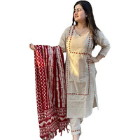 GoSriKi Women's Cotton Blend Straight Embroidered Kurta with Pant & Dupatta (DD Beige-NW-GS_XL_Beige_X-Large)