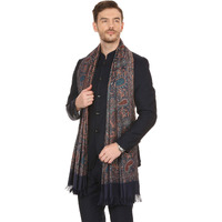 Pashtush Mens fine Soft Ethnic wool blended Stole, Jamawar design, Faux Pashmina (Navy Blue)