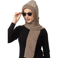 AMOLDO Women's Winter Woolen Soft Warm Knitted Designer Muffler Beanie Cap with Fur | Fleece Printed Woolen Hat with Attached Scarf for Cold Weather (in, Alpha, Free Size, Beige)
