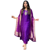 ANNI DESIGNER Women's Silk Blend Straight Embroidered Kurta with Pant & Dupatta (Premium Begani_XXL_Begani_XX-Large)