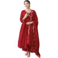 Naixa Women's Red Vichitra Silk Embroidered A-line Kurta with Vichitra Silk Pant and Chinon Embroidered Dupatta Sets (NK-443-Red-L)