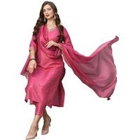 GoSriKi Women's Cotton Blend Floral Straight Kurta with Pant & Dupatta (BAGICHA-Rani-FNW-GS_Pink_XX-Large)