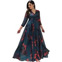 Fashion2wear Women's Georgette Fit and Flare V-Neck Gown Elegant Silhouette in Effortless Style | 3/4 Sleeve | Dress for Women (Blue | Medium | Blue_Keri_M)