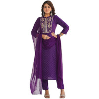 GoSriKi Women's Cotton Blend Straight Embroidered Kurta with Pant & Dupatta (RAJI-BEGANI-NKJ-GS_L_Purple_Large)