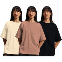 JUNEBERRY Pure Cotton Drop Shoulder Oversized Baggy Fit Half Sleeve Plain Solid Round Neck Multicolor T-Shirt for Women & Girls (Pack of 3) (PO3_OS_J_BK_SW_CR_L)