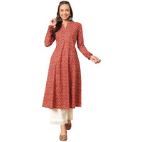 FIORRA Women's Floral Printed Red Cotton A-Line Kurta FAR0113