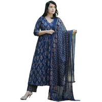ANNI DESIGNER Women's Rayon Blend Printed Anarkali Kurta with Pant & Dupatta (AMPM Blue_XL_Blue_X-Large)