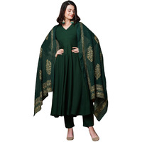 GoSriKi Women's Rayon Blend Solid Anarkali Kurta with Pant & Dupatta (Magic-Green-NDM-GS_M_Green_Medium)
