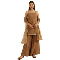 FIORRA Women's Brown Viscose Chanderi Straight Kurta with Palazzo and Dupatta SET0178