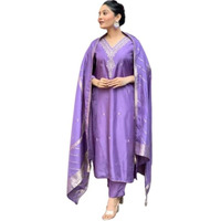 ROYALICA Women's Kurta, Pant & Dupatta Set in Viscose Chanderi & Jute Silk, Ankle Length, 3/4 Sleeve (X-Large)