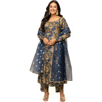FIORRA Women's Navy Blue Cotton A-line Kurta with Pant and Dupatta SET0112