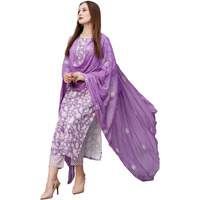 GoSriKi Women's Cotton Blend Floral Straight Kurta with Pant & Dupatta (MEI Purple-NW-GS X-Large)