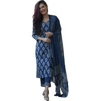 KLOSIA Women Blue Indigo Printed Kurta Set with Dupatta (X-Large)