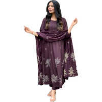 GoSriKi Women's Rayon Blend Anarkali Printed Kurta with Pant & Dupatta (Gangori Wine-GS_L_Wine_Large)