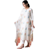 GoSriKi Women's Cotton Blend Straight Printed Kurta with Pant & Dupatta (Nairiti White-GS_XL_White_X-Large)
