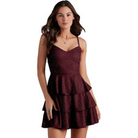 ADDYVERO V-Neck Shoulder Straps Sleeve Glam Glitter Ruffled Tiered Fit Above Knee Length Women Solid Fit and Flare Dress (Maroon, S)