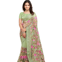 VAIRAGEE Women Soft Net Olive Green Embroidery Saree 6079_6
