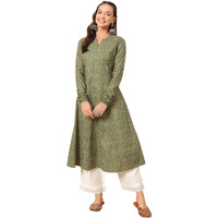FIORRA Women's Floral Printed Green Cotton A-Line Kurta FAR0112