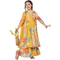 Naixa Girls Rayon Fabric Floral Printed 3/4 Sleeve Yellow Sharara Dress Set,5-6 Years
