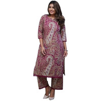 Nermosa Women Viscose Printed Straight Kurta Pant Set (in, Alpha, L, Maroon)