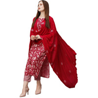 GoSriKi Women's Cotton Blend Straight Printed Kurta with Pant & Dupatta (MEI Red-GS_S_Red_Small)