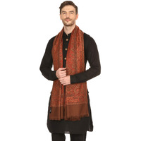 Pashtush Mens fine wool blended Stole, Jamawar design, Faux Pashmina Coffee