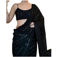 Flosive Women's Thread Sequence Work Georgette Saree With Blouse (BLACK)