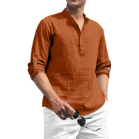 Zombom Cotton Blend Solid Casual Regular Fit Mandarin/Chinese Collor Short Kurta for Men Brown