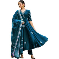 GoSriKi Women's Rayon Blend Anarkali Printed Kurta with Pant & Dupatta (Berlin KEROSIN-GS_XL_Dark Blue_X-Large)