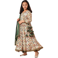 Naixa Girls Rayon Floral Print Drawstring 3/4 Sleeve Anarkali Dress With Churidar Payjama and Dupatta, Off-White, 11-12 Years, Pack of 1