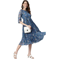 Janasya Women's Blue Poly Georgette Floral Flared Western Dress(J0341-DR-L)