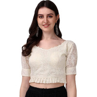 Pujia Mills Women's Georgett Lucknowi Embroidery Puff Sleeve Tie UP Blouse (Lucknowi Tie) (Off White, 38)