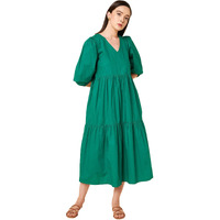 High Star Women's Cotton Pleated Maxi Dresses (HSWDRS23005_GN_Green_L)