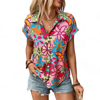Gufrina Shirt for Women Stylish Western|Shirt Type top|Short Sleeve|Fabric Rayon| Collar Neck |Bright Floral Print|Casual Regular fit (Pink L)