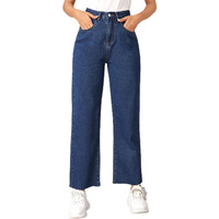 KOTTY Womens High Waist Flared Fit Ankle Length Clean Look Blue Denim Jeans