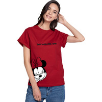 Bewakoof Official Disney Merchandise Women's Graphic Print Boyfriend Fit Half Sleeve Round Neck Cotton Regular Fit T-Shirt,Large, Red