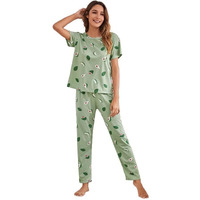 SMOWKLY Printed Round Neck Short Sleeve Nightsuit Set | Pajama Set | Night Dress for Women (1024_GRN_S) Mint Green