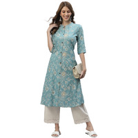 Stylum Women's Floral Print Rayon A-Line Kurta (FIONAAQUA38_Aqua, M)