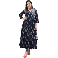 KLOSIA Women Block Printed Anagarakha Kurta Set with Dupatta (XX-Large) Black