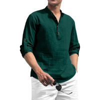 Zombom Cotton Blend Solid Casual Regular Fit Mandarin/Chinese Collor Short Kurta for Men Green