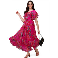 Fashion2wear Women's Georgette Flower Digital Printed Casual Full Length Stylish Dress (Medium, Pink)