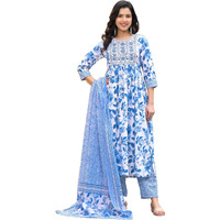 KLOSIA Women Embroidery Floral Printed Anarkali Kurta and Pant Set with Dupatta | Kurta Set | Ethnic Set | Dupatta Set | Wedding Suit | Suit Set | (X-Large) White