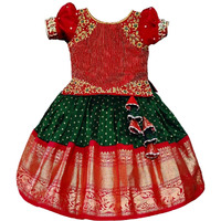 White Button Girl's Polyester Blend Readymade Lehenga Choli (Baby Jecq Red Line Choli-12-18 Months, Green_12 Months-18